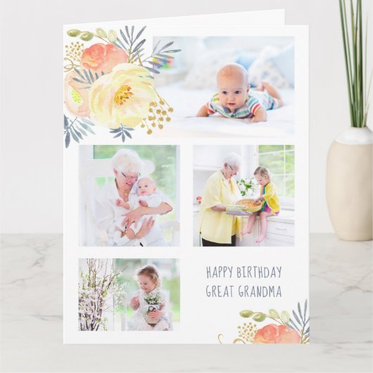 おばあちゃん素晴らし4フォトピーチイエローフローラ誕生日 カード (正面)
