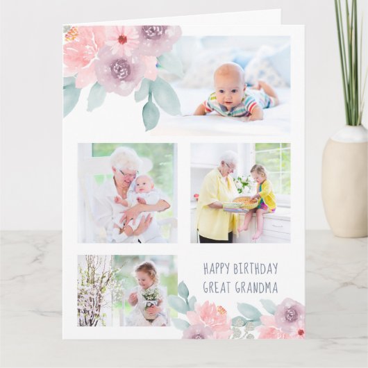 おばあちゃん素晴らし4写真繊細な花誕生日 カード (正面)