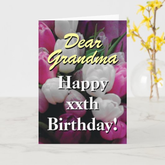 おばあちゃん誕生日カード | ピンクのチューリップフラワーブーケ カード (黄色い花)