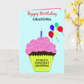 おばあちゃん誕生日ピンクカップケーキ写真 カード (黄色い花)