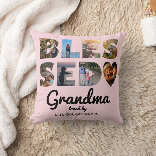 おばあちゃん賛美写真コラージュパーソナライズされたピンク クッション (ブランケット)