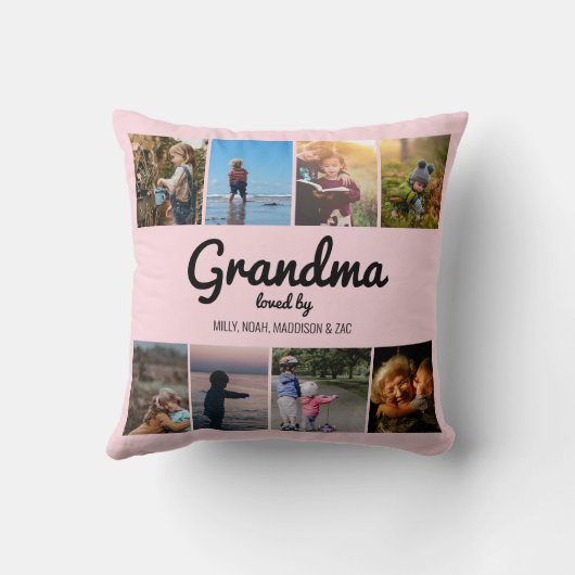 おばあちゃん賛美写真コラージュパーソナライズされたピンク クッション (裏面)