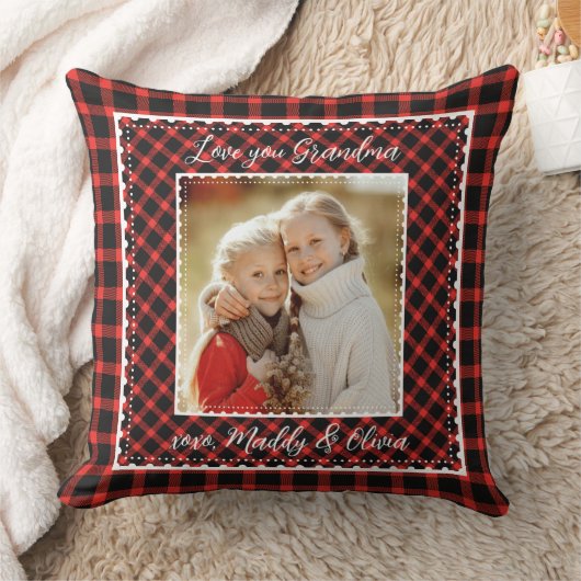 おばあちゃん赤いバッファロープレイド素朴クリスマス クッション (ブランケット)