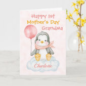 おばあちゃん1日の母の日ペンギンピンク カード (黄色い花)