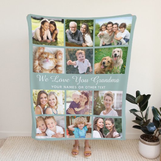 おばあちゃん12フォトコラージュセージグリーン フリースブランケット