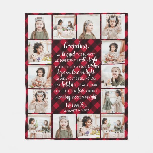 おばあちゃん14写真コラージュ赤バッファロープレイド フリースブランケット (正面)