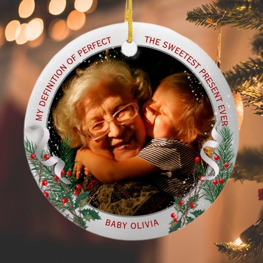 おばあちゃん1stクリスマスクラシックシルバープラントフレーム セラミックオーナメント