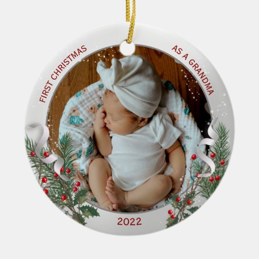おばあちゃん1stクリスマスクラシックシルバープラントフレーム セラミックオーナメント (正面)