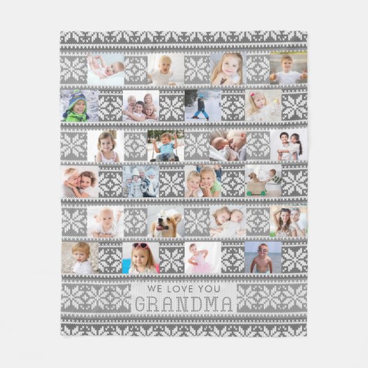 おばあちゃん24写真かわいいスノーフレークのセーターグレー フリースブランケット (正面)