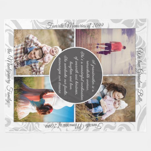 おばあちゃん4の写真の名前とメッセージの愛情のあるメモリ フリースブランケット (正面(横))