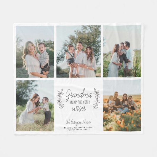 おばあちゃん5フォトコラージュのスクリプト文字 パーソナライズされた フリースブランケット (正面(横))