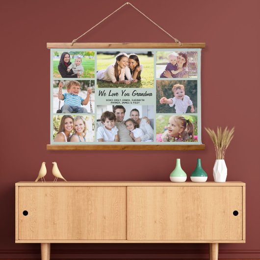 おばあちゃん8フォトコラージュセージグリーン 吊り下げ型タペストリー