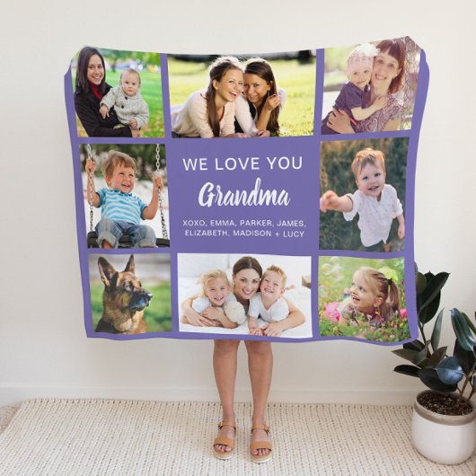 おばあちゃん8フォトコラージュ紫 フリースブランケット