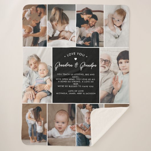 おばあちゃん&じいちゃん愛10写真コラージュモダン シェルパブランケット (正面)