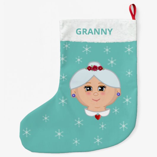 おばあちゃん&スノーフレークスオンライトティール（緑がかった色） ラージクリスマスストッキング (裏面)