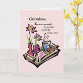 おばあちゃん，母の日，ベッドで朝食，ピンク カード (黄色い花)