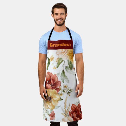 おばあカラフルん水彩フローラカスタム エプロン (着用した状態)