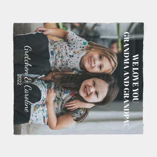 おばあパーソナライズされたちゃんとおじいちゃんの写真愛  フリースブランケット (正面(横))