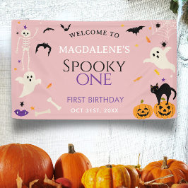 おばけちゃん1歳ハロウィンバースデー おめでとう ピンク 横断幕