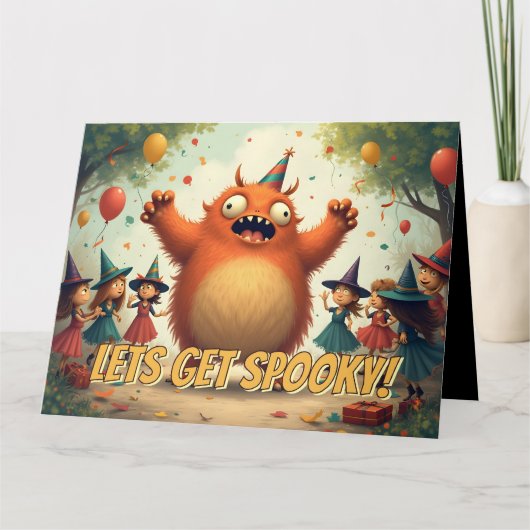 おばけと一緒にパーティーをしよう – かわいいモンスターのパーティー カード (正面)