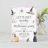 おばけと魔法使いと黒猫のピンクハロウィン招待状 招待状 (スタンド正面)