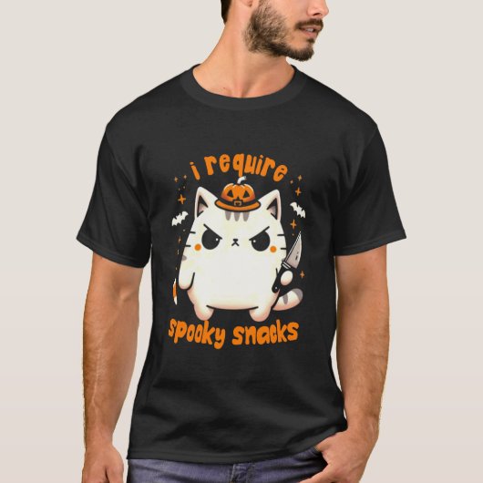 おばけのおやつが欲しい気難しいネコ ハロウィン Tシャツ (正面)