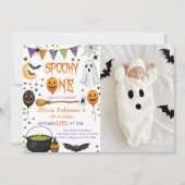 おばけのハロウィン幽霊ピンク1歳の誕生日 招待状 (正面)