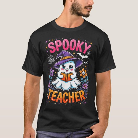 おばけの先生のかわいい幽霊の本の読み物 おもしろハロウィン Tシャツ (正面)