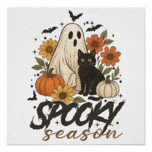 おばけの季節 ゴースト レトロ スプーキー フローラル ハロウィン ポスター
