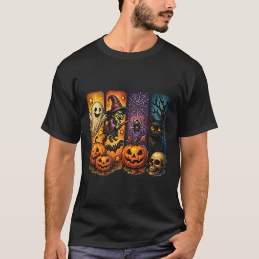 おばけの幽霊と魔女のレトロなハロウィンおもしろTシャツ 少年少女用 Tシャツ (正面)