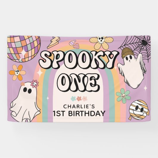 おばけの1歳のレトロなハロウィン誕生日パーティー 横断幕 (横)