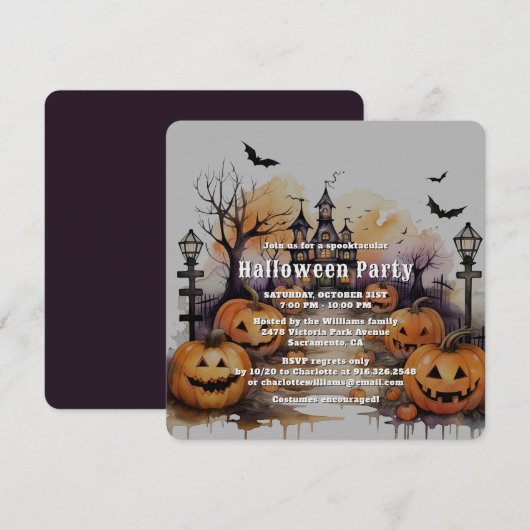 おばけカボチャとコウモリのハロウィンパーティー 招待状 (正面/裏面)