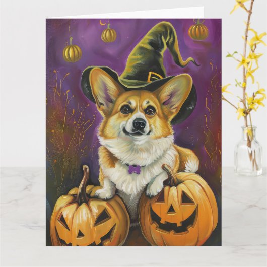 おばけコーギー ハロウィン 魔女 かぼちゃ カード (黄色い花)