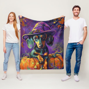 おばけダックスフンドのハロウィン・魔女とかぼちゃ フリースブランケット