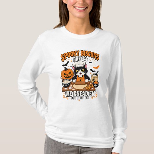 おばけビスケットパン屋黒猫ハロウィンお菓子作り Tシャツ (正面)