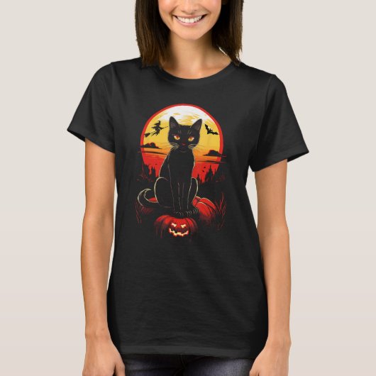 おばけ猫の怖いカボチャのハロウィン Tシャツ (正面)