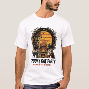 おばけ猫パーティー ビンテージ風彫刻 ハロウィンTシャツ Tシャツ
