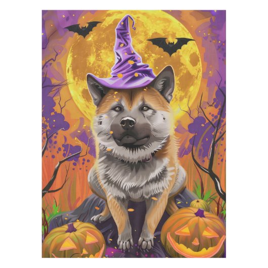 おばけ秋田犬 ハロウィン 魔女とカボチャ テーブルクロス (正面)