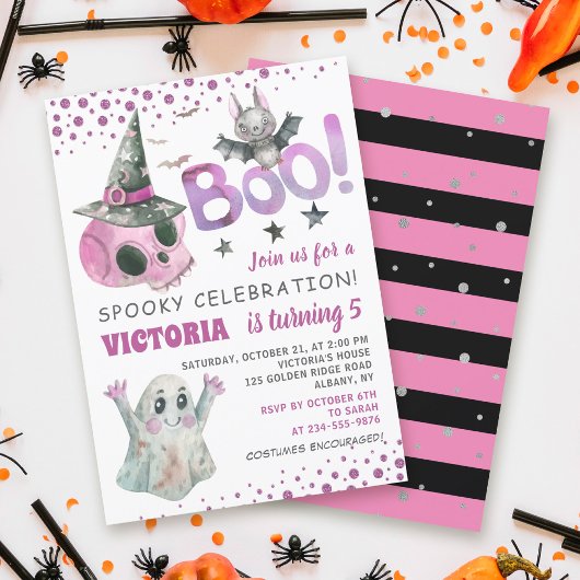 おばけ スプーキーピンクドクロガール ハロウィン 誕生日 招待状