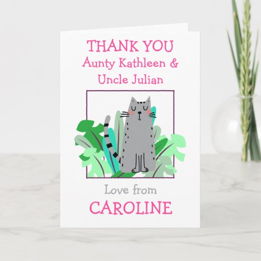 おばさんおじさん名前かわいい猫の葉の子供たちへのホワイト サンキューカード (正面)