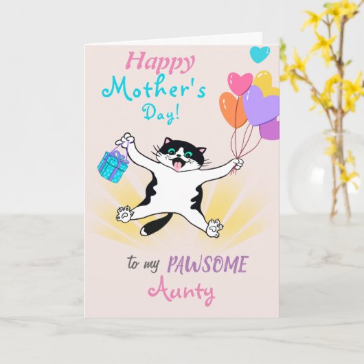 おばさんのお母さんの日かわいい子猫 パーソナライズされた カード (黄色い花)