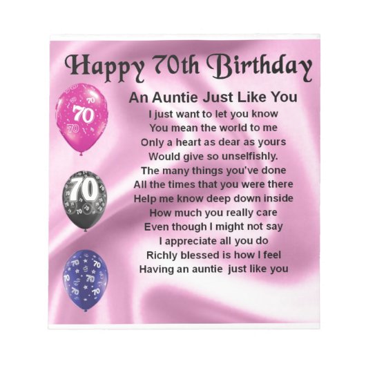 おばさんへの詩 - 70歳の誕生日 ノートパッド (正面)