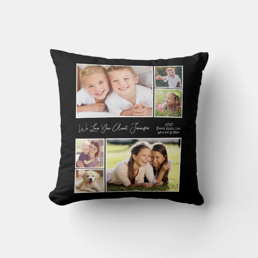 おばさん愛あなた6フォトコラージブラック クッション (正面)