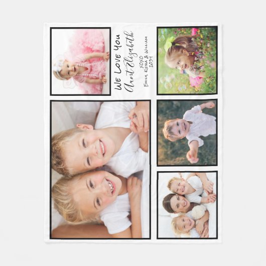 おばさん愛You白い写真コラージュ フリースブランケット (正面)