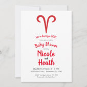 おひつじ座 ラム 赤 占星術 黄道帯 春のベビーシャワー 招待状 (正面)