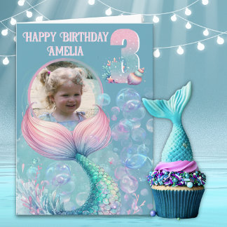 おひとつ写真入りマーメイドテイル 3歳の誕生日カード カード