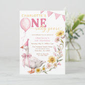 おひとりさまの特別な日にぴったりな「One Silly Goose」1歳の誕生日招待状。柔らかなピン 招待状 (スタンド正面)