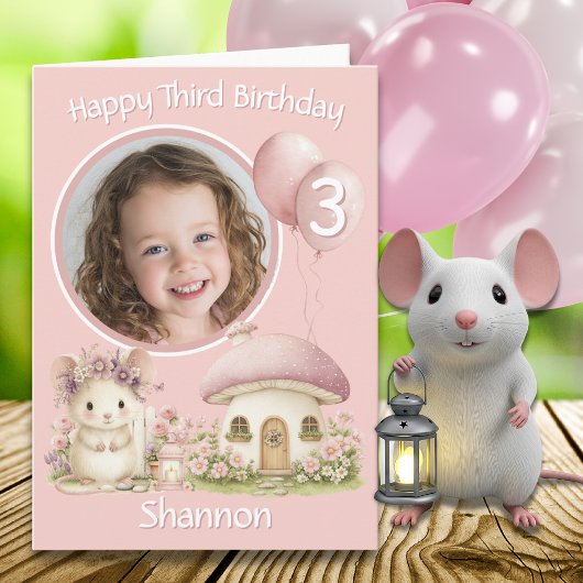 おひとり様の写真入りネズミの3歳の誕生日カード カード