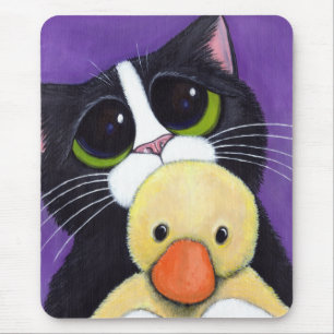 おびえさせていたタキシード猫および愛らしいアヒルの絵画 マウスパッド
