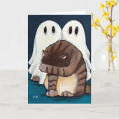 おびえさせていた虎猫猫及び不気味な幽霊|ハロウィンカード カード (黄色い花)
